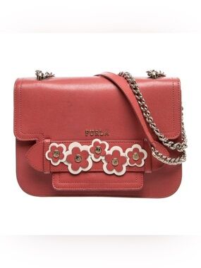 Furla Coral-Pink Leather Crossbody with Floral Appliqués
